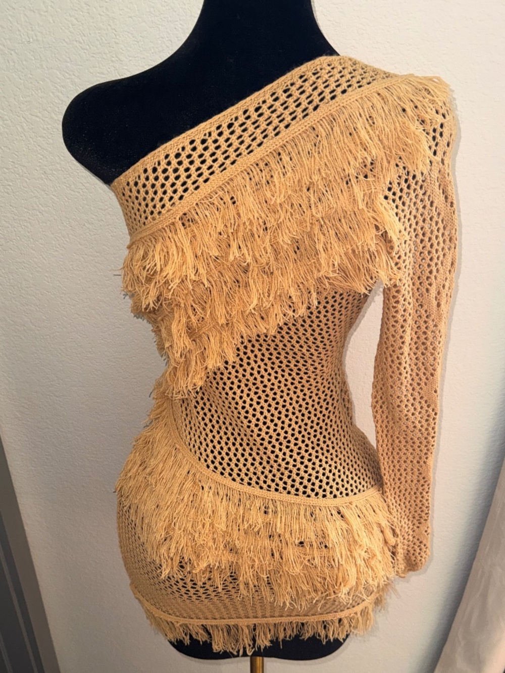Fringe Crochet One Shoulder Cover-Up Dress | Boho Beachwear | Resort Style - Picture 7 of 7
